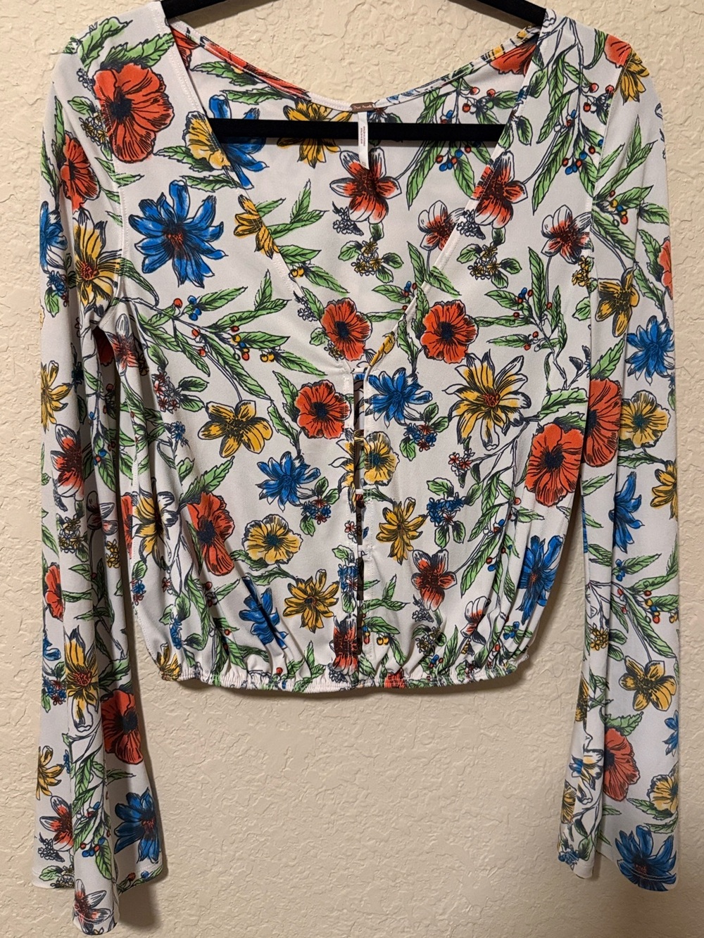 Free People White Floral Long-Sleeve Cropped Top